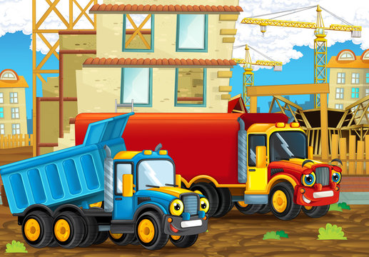 Cartoon scene with industry trucks - illustration for children
