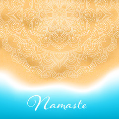Flyer or brochure template with hand drawn mandala pattern on seashore background. Yoga classes banner. Vector Illustration