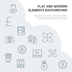money, mobile, video, photos outline vector icons and elements background concept on grey background.Multipurpose use on websites, presentations, brochures and more