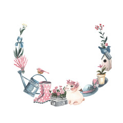 Beautiful garden wreath with flowers, plants and garden tools. Watercolor illustration on white isolated background