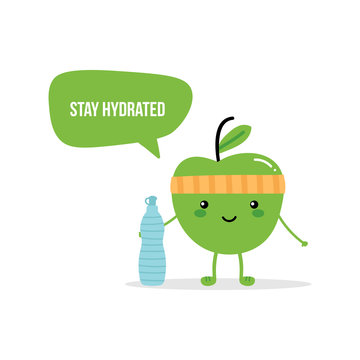 Cute fitness green apple character giving advice to stay hydrated, drink enough water.
