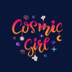 Cosmic Girl lettering apparel T-shirt design print with stars, moon and bubbles for woman Clothes, shopping, design sweatshirt, hoodie. Vector illustration