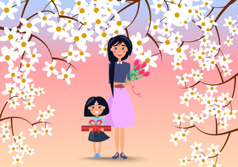 Mother and Little Daughter with Flowers and Gift