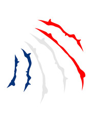 Fototapeta na wymiar kratzer angriff risse wunde verletzt 3 farben frankreich nation blau rot weiß flagge design logo cool