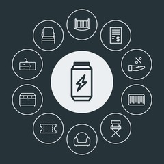 drinks, shopping, furniture Infographic Circle outline Icons Set. Contains such Icons as  wash,  crib,  interior,  energy,  beverage,  baby,  furniture,  chair and more. Fully Editable. Pixel Perfect