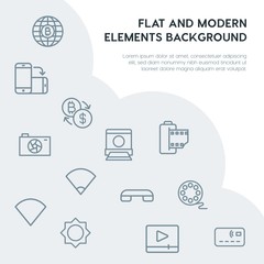 money, mobile, video, photos outline vector icons and elements background concept on grey background.Multipurpose use on websites, presentations, brochures and more