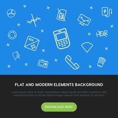 charts, mobile, photos, bookmarks outline vector icons and elements background concept on blue background.Multipurpose use on websites, presentations, brochures and more