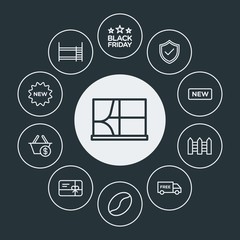 drinks, shopping, furniture Infographic Circle outline Icons Set. Contains such Icons as  delivery,  drink,  double,  brown,  decor, new, bunk,  currency,  food and more. Fully Editable. Pixel Perfect