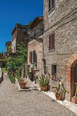 Street view with pebble walkway, flowering plants and blue sunny sky at the town of Colle di Val d Elsa. A graceful village with its historic center preserved. Located in the Tuscany region 