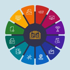 files, email, education Infographic Circle outline Icons Set. Contains such Icons as chemistry,  student,  mail, mail,  archive,  world,  business,  success and more. Fully Editable. Pixel Perfect