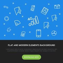 charts, mobile, photos, bookmarks outline vector icons and elements background concept on blue background.Multipurpose use on websites, presentations, brochures and more