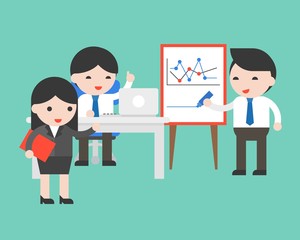 Cute businessman writing graph, using laptop, discuss and conference about company turnover, flat design vector teamwork meeting concept
