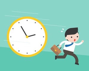 Cute businessman running from big clock follow him, flat design vector rushing hours and deadline concept