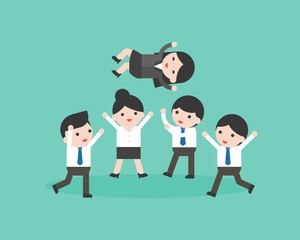 Cute businessman team throwing manager in the air, flat design business situation of celebrate teamwork success concept