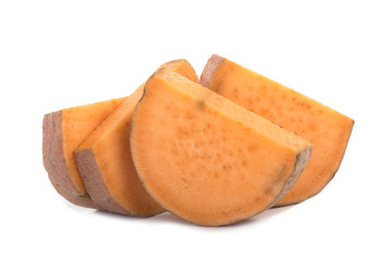 heap of slices of sweet potatos isolated on white background