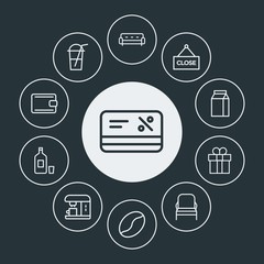 drinks, shopping, furniture Infographic Circle outline Icons Set. Contains such Icons as discount,  banner, alcohol,  interior,  wine,  room,  finance,  shop and more. Fully Editable. Pixel Perfect