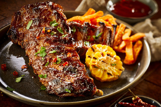 Succulent spicy portion of barbecued spare ribs