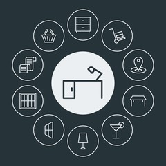 drinks, shopping, furniture Infographic Circle outline Icons Set. Contains such Icons as  house,  lamp, map, table, drawer,  check,  basket, mail, night,  dark and more. Fully Editable. Pixel Perfect