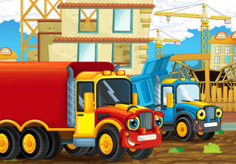 Obraz na płótnie Canvas cartoon scene with happy industry cars on the construction site - illustration for children