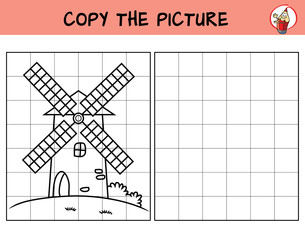 Windmill. Copy the picture. Coloring book. Educational game for children. Cartoon vector illustration