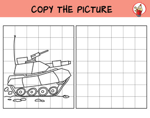 Military tank. Copy the picture. Coloring book. Educational game for children. Cartoon vector illustration