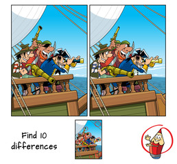 Pirate captain with spyglass on a ship. Find 10 differences. Educational game for children. Cartoon vector illustration