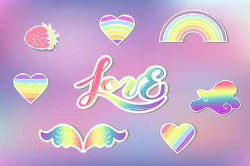 Vector set with Rainbow, cloud, heart, wings, strawberry
