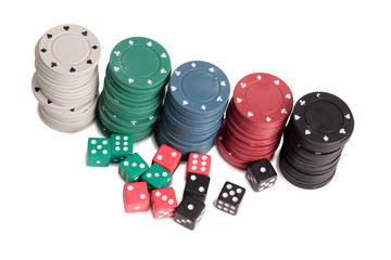 Dice and chips for casino with on white background