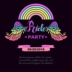Pride Party text. Handwritten lettering Pride with rainbow wings as logo, badge, patch. Template for lgbt community, party invitation, flyer, carnival, festival, parade, greeting card, web.