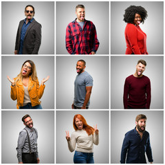Group of mixed people, women and men sticking out tongue at camera at sign of disobedience, protest...