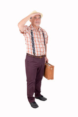 Old man in overalls shirt with bag on white background