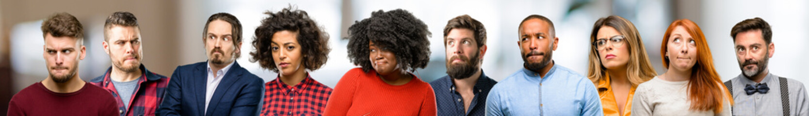 Group of people doubt expression, confuse and wonder concept, uncertain future