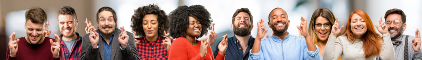Group of people with crossed fingers asking for good luck - obrazy, fototapety, plakaty