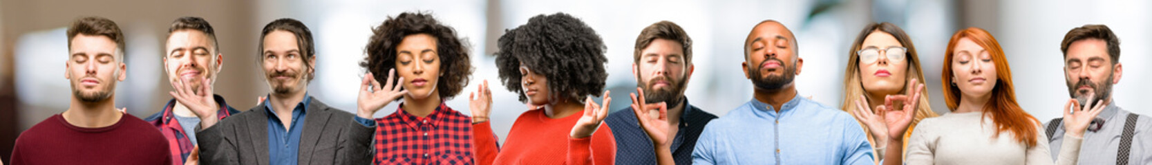 Obraz premium Group of people doing ok sign gesture with both hands expressing meditation and relaxation
