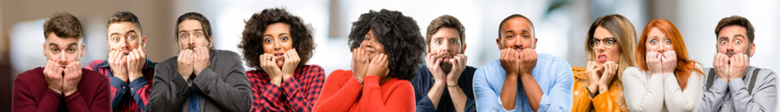 Group of people terrified and nervous expressing anxiety and panic gesture, overwhelmed