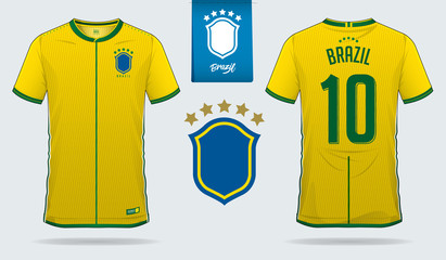 Fototapeta premium Set of soccer jersey or football kit template design for Brazil national football team. Front and back view soccer uniform. Football t shirt mock up. Vector Illustration