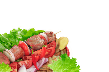 shish kebab with vegetables isolated