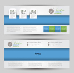 Flyer banner or web header template set. Vector illustration promotion design background. Blue and green color.