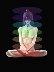 Une femme médite en position du lotus. Les sept principaux chakras apparaissent sur son corps sous forme de bulles rayonnantes