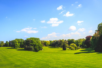 Landscape of grass field and green environment, park of the Royal Palace of Laeken in the north of Brussels