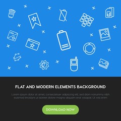charts, mobile, photos, bookmarks outline vector icons and elements background concept on blue background.Multipurpose use on websites, presentations, brochures and more
