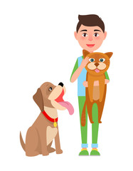 Boy with Cat and Dog Poster Vector Illustration