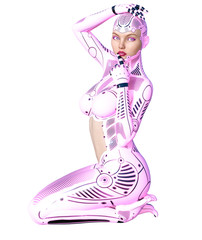 Robot woman. Metal droid with woman's face. Artificial Intelligence. Conceptual fashion art. Realistic 3D render illustration. Studio, isolate, high key.
