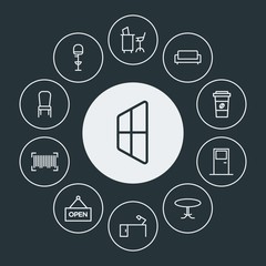 drinks, shopping, furniture Infographic Circle outline Icons Set. Contains such Icons as  house,  paper,  exterior,  drink, window,  facade,  work,  door, desk and more. Fully Editable. Pixel Perfect