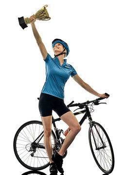 One Caucasian Cyclist Woman Cycling Riding Bicycle Celebrating Happy Isolated On White Background