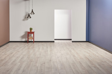 modern home white blue and brown details wall with red coffee table