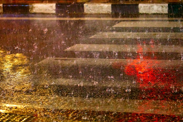 Road crossing in rainy evening.