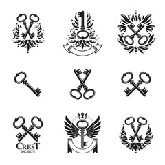Ancient Keys emblems set. Heraldic Coat of Arms decorative logos isolated vector illustrations collection.