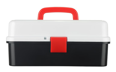 Storage box with clip on lid and red handle. Object is isolated on a white background without shadows.