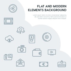 money, mobile, video, photos outline vector icons and elements background concept on grey background.Multipurpose use on websites, presentations, brochures and more